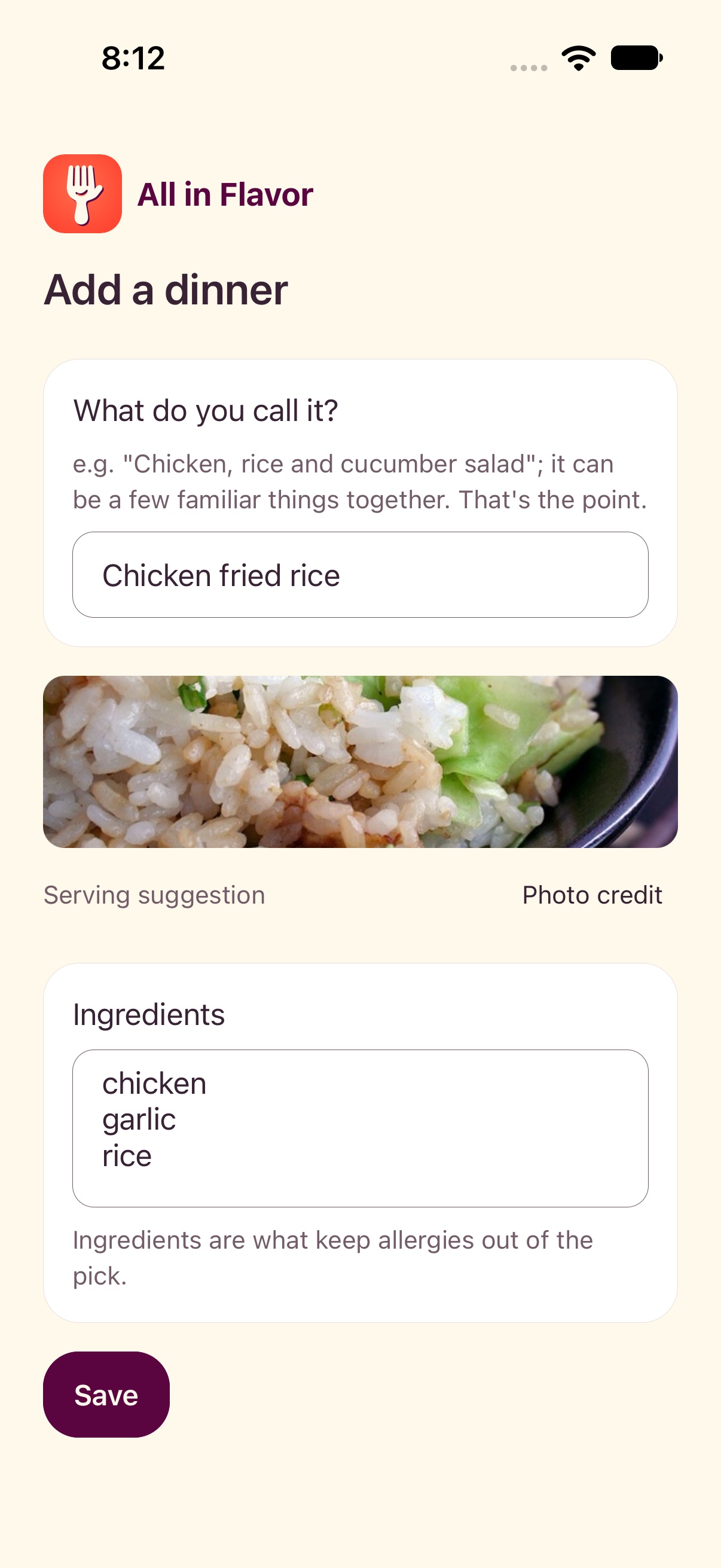 Add dinner screen with Chicken fried rice entered by name and a matching serving suggestion photo.