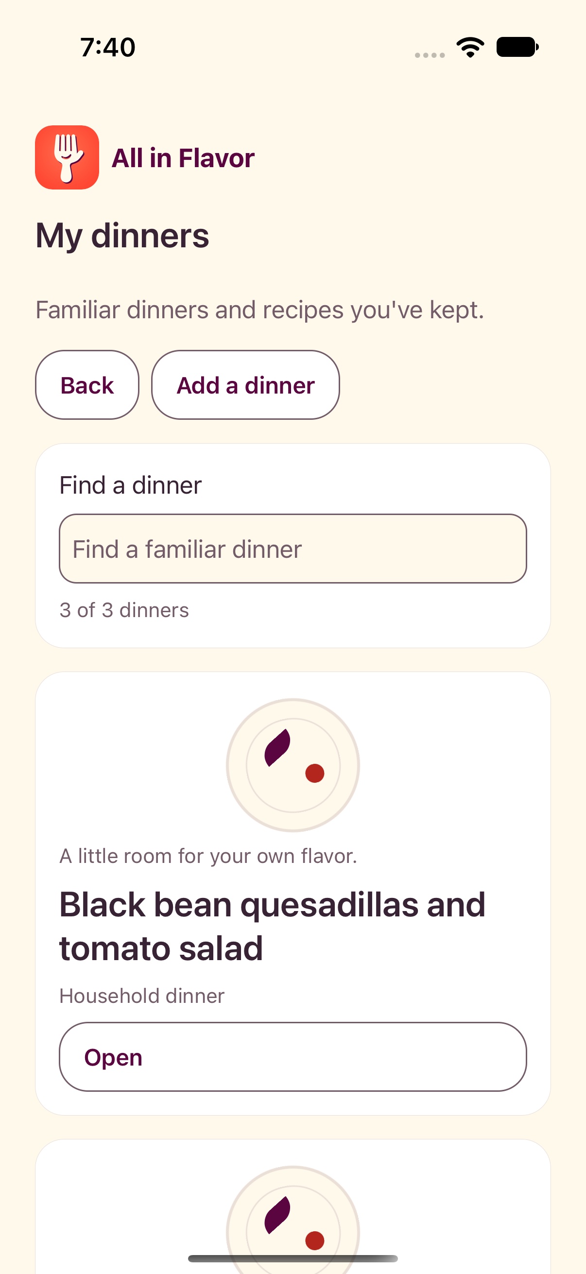 All in Flavor dinner collection with a search field and Black bean quesadillas and tomato salad.