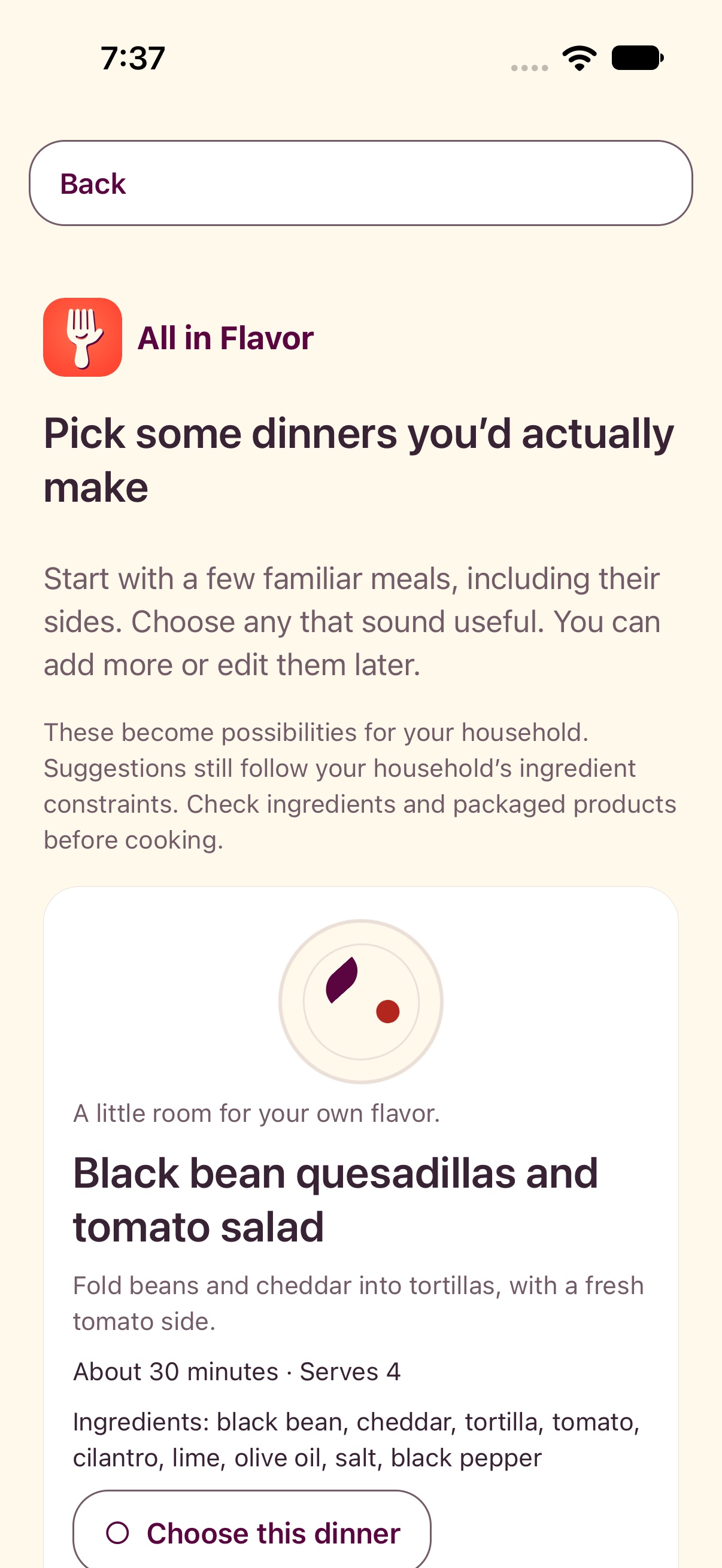 Starter dinner screen featuring Black bean quesadillas to help begin a household collection.