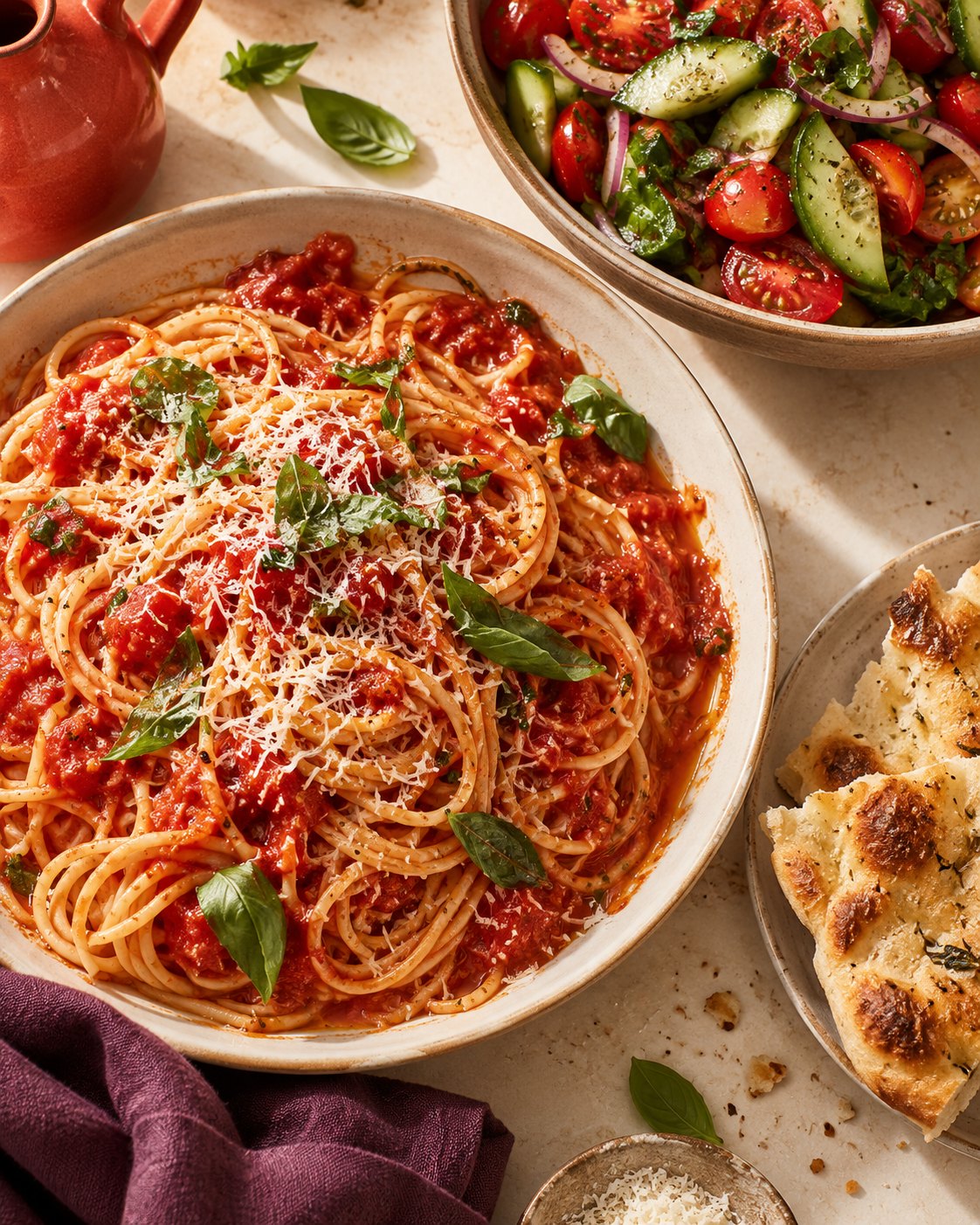 A generous dinner table, with colorful dishes ready to share.